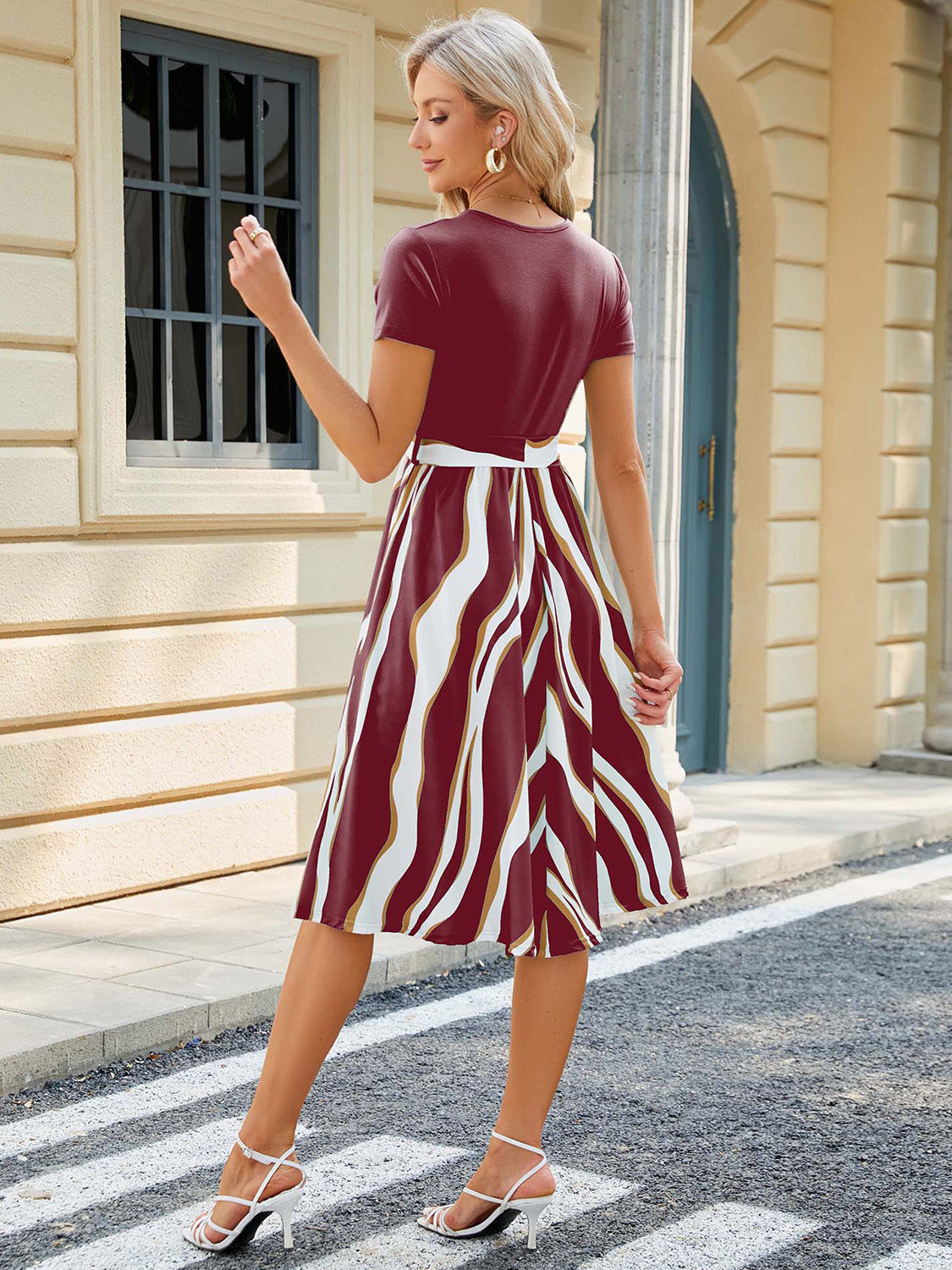 Printed Tie Waist Short Sleeve Dress - store name